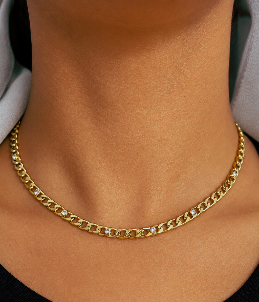 Gold Crystal Curb Chain Necklace