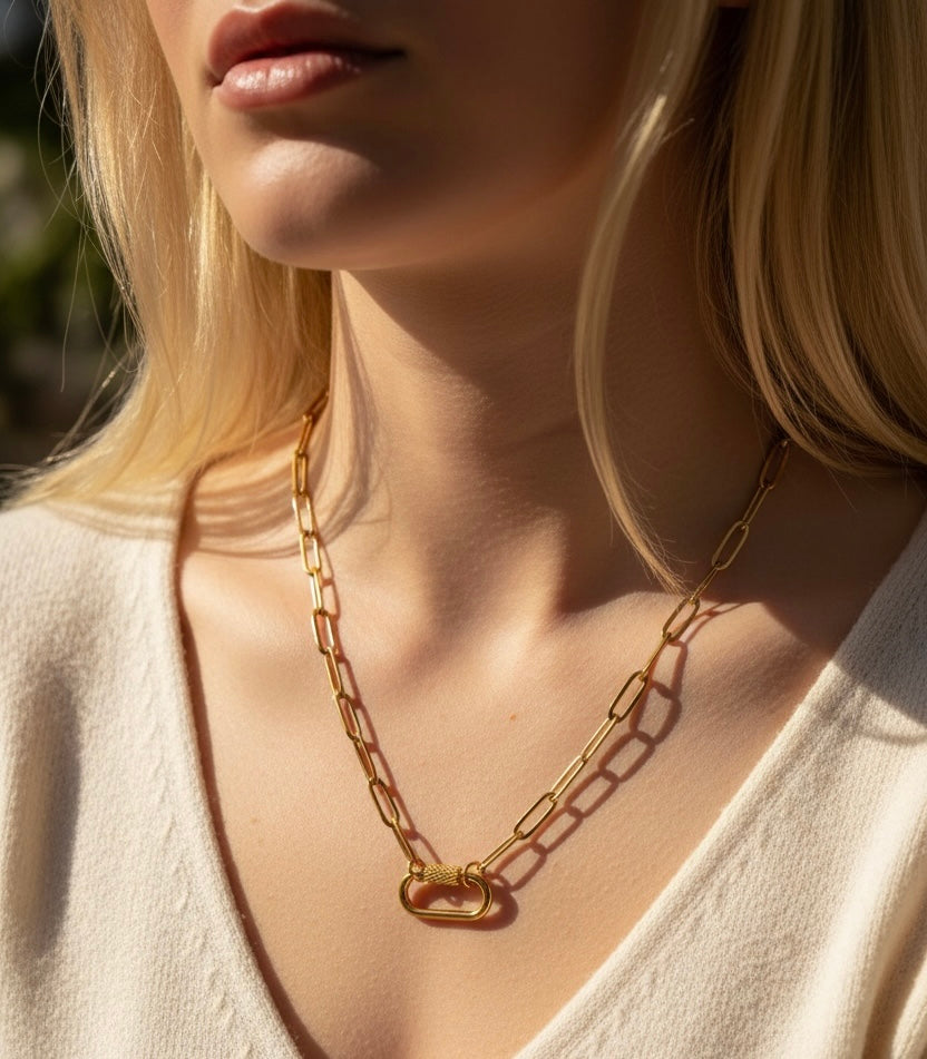 Lock Charm Gold Paper Clip Chain