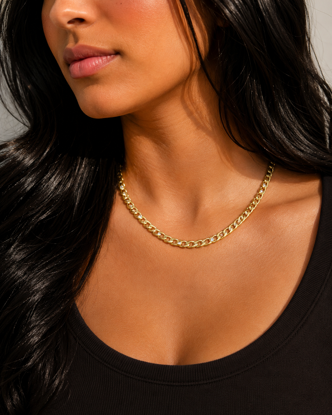 Gold Crystal Curb Chain Necklace